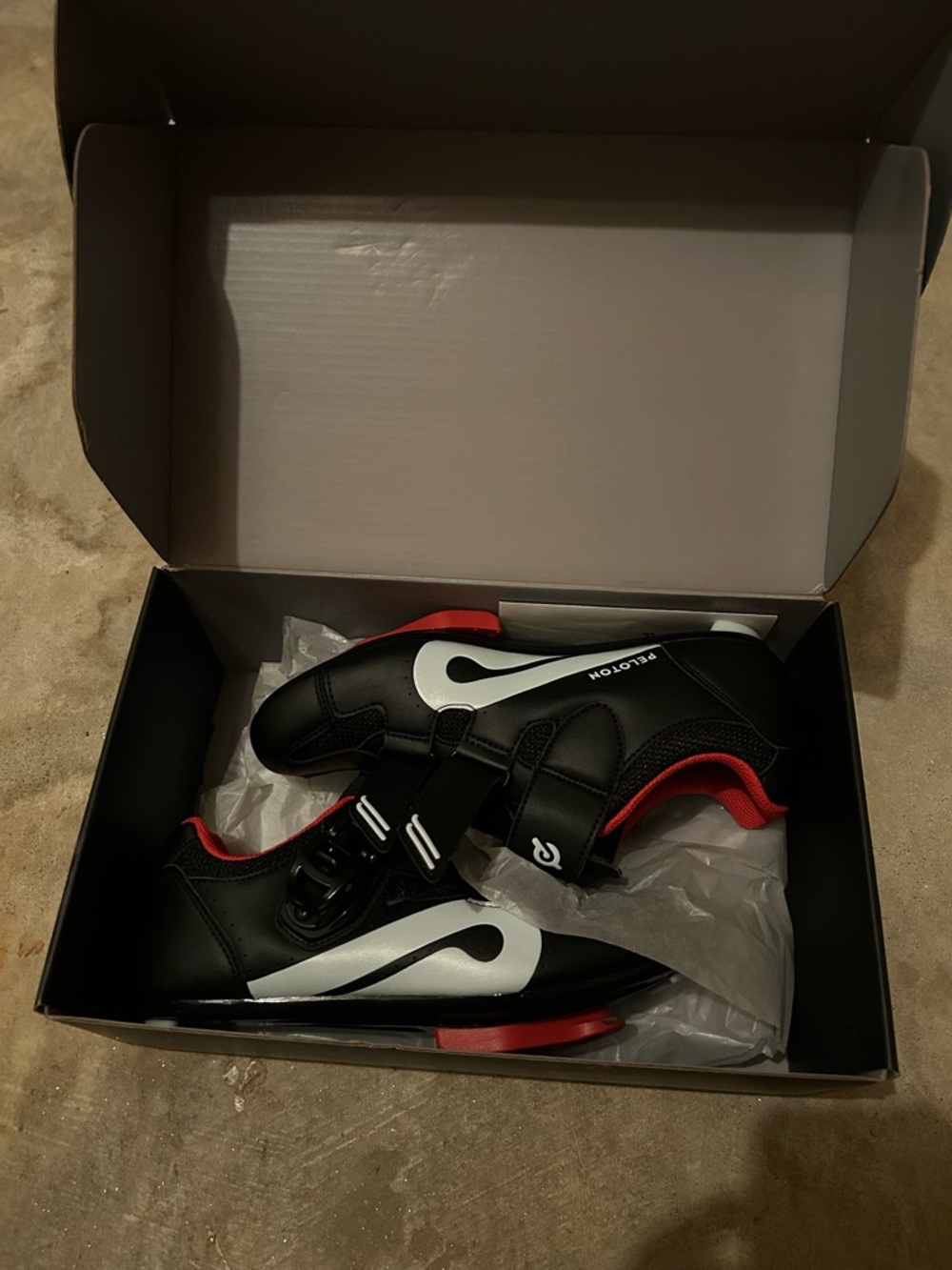 Peloton Black Cycling Shoes with Red Lining and White Accents